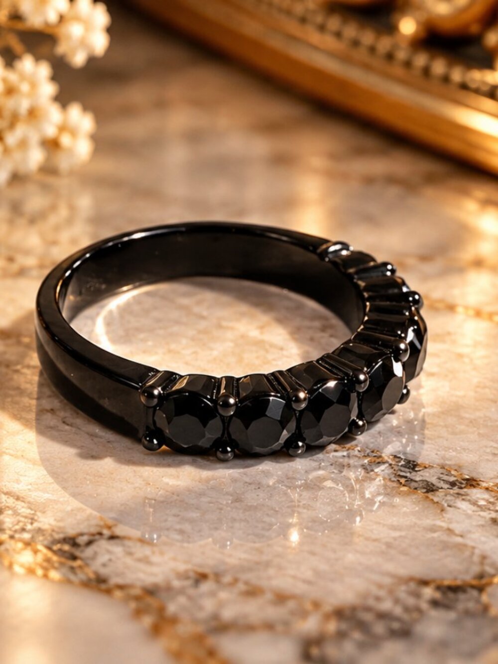 Elegant Black Eternity Style Ring with Faceted Black Stones – Size 6.5